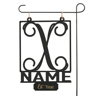 Fancy Initial and Name Black Wood Hanging Garden Flag