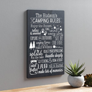 Camping Rules Personalized Black Wood Art Plaque