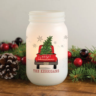 Merry Christmas Red Truck Frosted Mason Jar Votive Holder