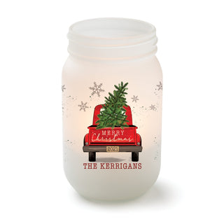 Merry Christmas Red Truck Frosted Mason Jar Votive Holder