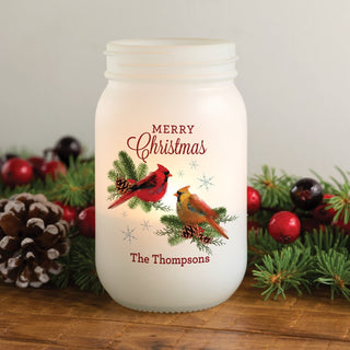 Merry Christmas Cardinal Couple Frosted Glass Mason Jar Votive Holder