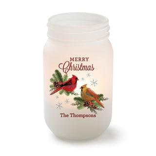 Merry Christmas Cardinal Couple Frosted Mason Jar Votive Holder