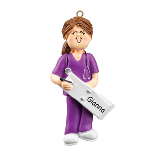 Brunette Female Nurse In Scrubs Personalized Ornament
