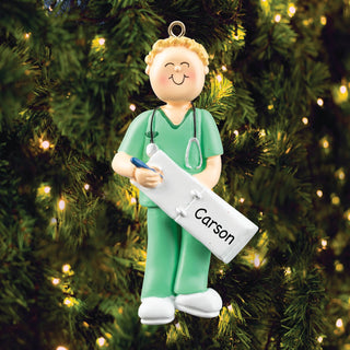 Blonde Male Nurse In Scrubs Personalized Ornament