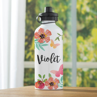 Pink Floral Personalized White Water Bottle