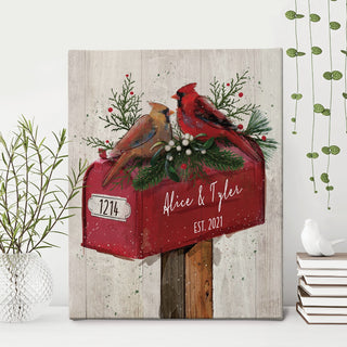 Cardinal Couple On Mailbox Personalized 16x20 Canvas