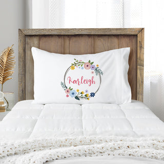 Floral Wreath with Pink Script Name Pillowcase