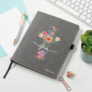 Floral Grace Cross Personalized Gray Notebook