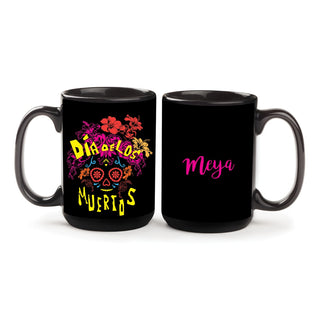 Dia De Los Muertos Sugar Skull Personalized Black Coffee Mug - 15 oz.