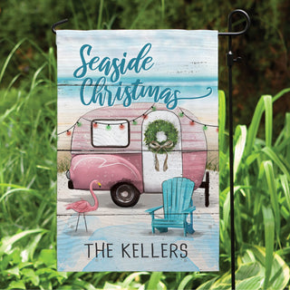 Seaside Christmas Camper Personalized White Garden Flag