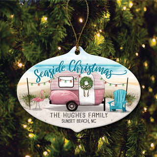 Seaside Christmas Camper Ceramic Oval Ornament