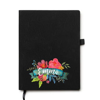 Floral Name on Banner Black Notebook
