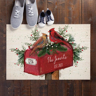Christmas Cardinals on Mailbox Personalized Doormat - 18x27 Inch, 1/8" Thin