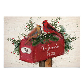 Christmas Cardinals on Mailbox Personalized Doormat - 18x27 Inch, 1/4" Thick