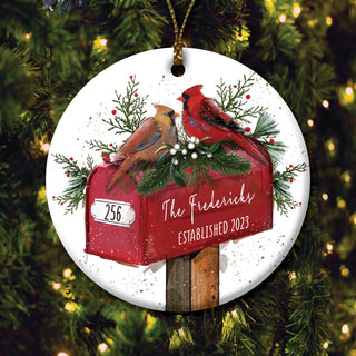 Christmas Cardinals on Mailbox Round Ceramic Ornament