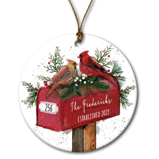 Christmas Cardinals on Mailbox Round Ceramic Ornament