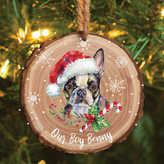 Dog With Santa Hat Wood Ornament