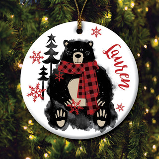Cozy Bear Red Scarf Personalized Round Ceramic Ornament