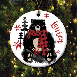 Cozy Bear Red Scarf Personalized Round Ceramic Ornament 