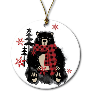 Cozy Bear Red Scarf Personalized Round Ceramic Ornament