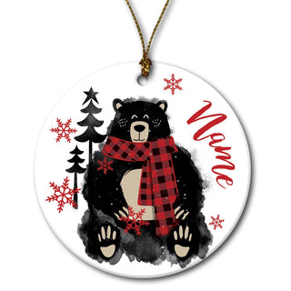 Cozy Bear Red Scarf Personalized Round Ceramic Ornament