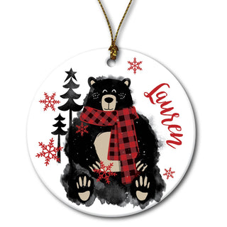 Cozy Bear Red Scarf Personalized Round Ceramic Ornament
