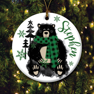 Cozy Bear Green Scarf Personalized Round Ceramic Ornament