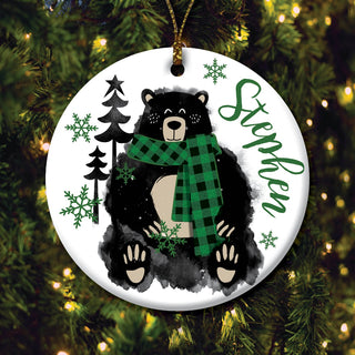 Cozy Bear Green Scarf Personalized Round Ceramic Ornament 