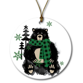 Cozy Bear Green Scarf Personalized Round Ceramic Ornament