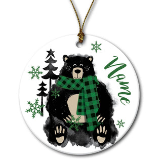 Cozy Bear Green Scarf Personalized Round Ceramic Ornament