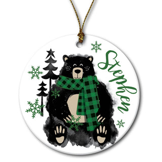 Cozy Bear Green Scarf Personalized Round Ceramic Ornament