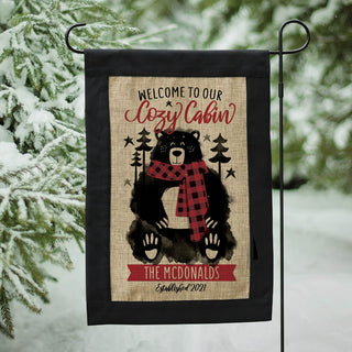 Welcome To Our Cozy Cabin Burlap Black Edge Graden Flag