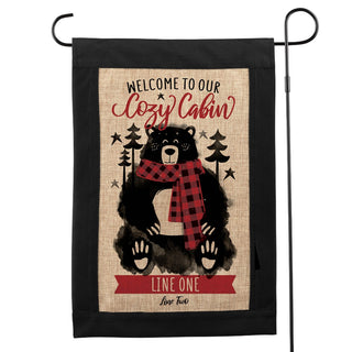 Welcome To Our Cozy Cabin Burlap Black Edge Garden Flag