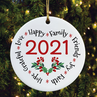 Heart Shaped Holiday Words Round Ceramic Ornament 