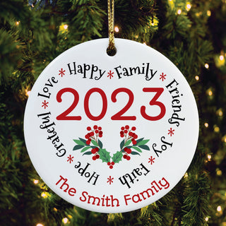 Heart Shaped Holiday Words Personalized Round Ceramic Ornament