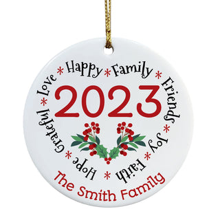 Heart Shaped Holiday Words Personalized Round Ceramic Ornament