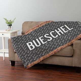 Family Names Fringe Throw Blanket Charcoal & White