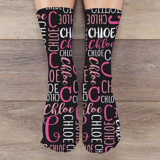 Pink & Black Name Pattern Crew Socks