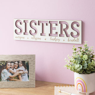 Sisters Cutout Personalized White Wood Plaque