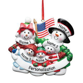 Patriotic Snowman Family of 5 Personalized Ornament