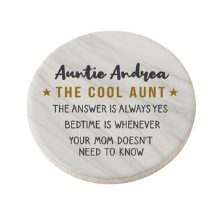 The Cool Aunt - Marble Look Personalized Round Desk Coaster