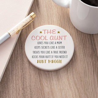 The Cool Aunt - Pink and Gold Personalized Round Desk Coaster