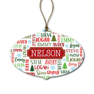 Holiday Red and Green Family Name Ceramic Ornament