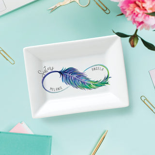 Sister Infinity Feather Personalized Rectangle Trinket Dish