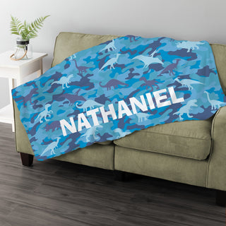 Dinosaur Blue Camo Personalized Fuzzy Throw Blanket