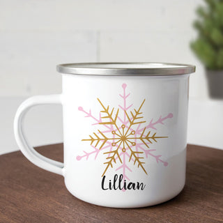 Pink and gold snowflake camp mug with name