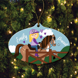 Blonde Girl Riding Her Horse Ceramic Oval Ornament 