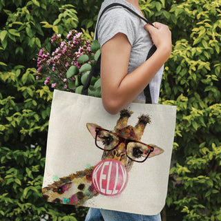 Giraffe blowing bubble burlap tote with name