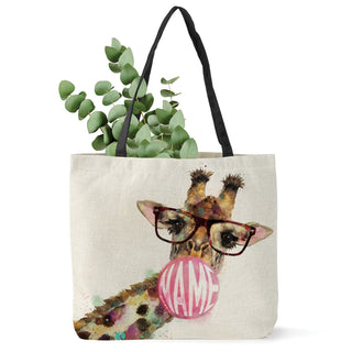 Giraffe Blowing Bubble Personalized Burlap Tote