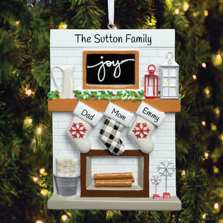 Fireplace Mantel Family of 3 Personalized Ornament